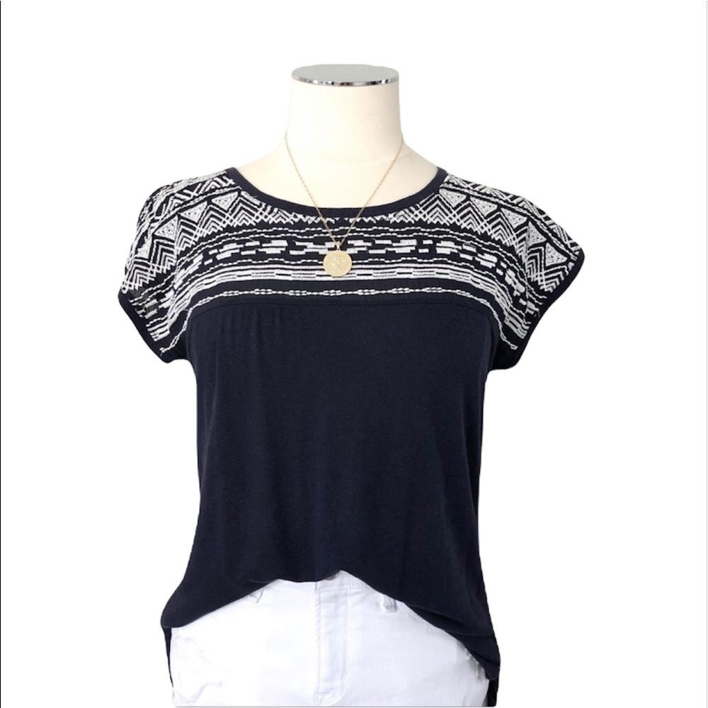 ESPRIT Aztec Embroidered Cotton Blend Cap Sleeve Tee Top Navy White Sz XS - Picture 3 of 10